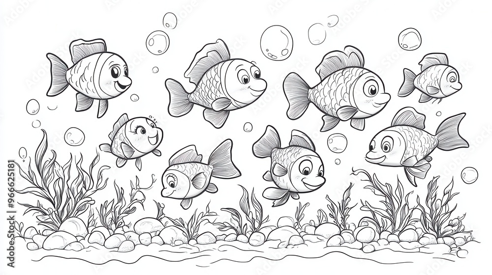 Fototapeta premium Children can enjoy coloring a lively group of cartoon fish surrounded by bubbles and aquatic plants in this engaging activity