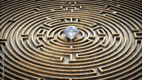 An intricate stone maze with a diamond at the center, maze, stone walls, circular path, ancient, treasure