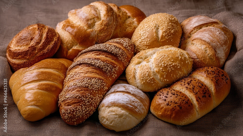 A variety of freshly baked bread loaves including croissants, rolls, and baguettes arranged on a linen cloth. A variety of freshly baked bread loaves including croissants, rolls, and baguettes arranged on a linen cloth.