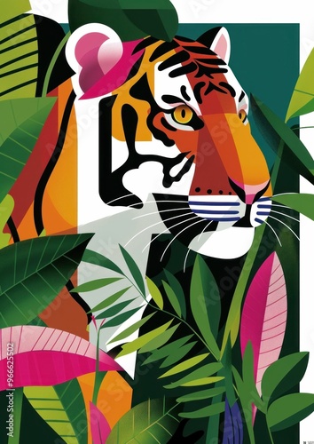 Tiger illustration among vibrant tropical leaves, featuring a bold color palette of orange, green, and pink shades Ideal for wildlife and nature themed projects photo