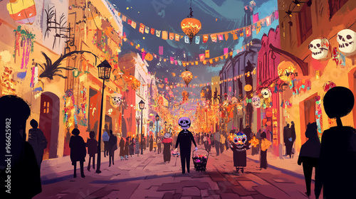 Artwork of Mexico city during Dia de los Muertos