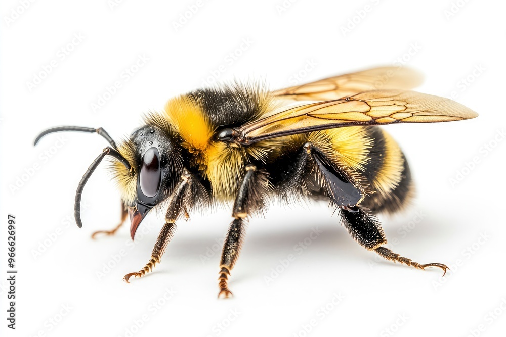 Bee yellow and black on white plain background, isolated , ai Bee yellow and black on white plain background, isolated , ai