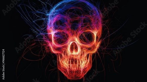 Colorful neon light skull on black background, captivating digital art image perfect for Halloween themes or edgy modern designs. photo