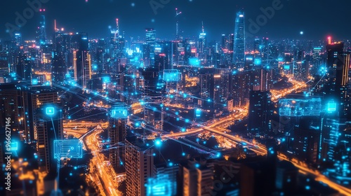 Wallpaper Mural Vivid cityscape of a modern metropolis illuminated by neon lights and car trails at night, showcasing urban architecture and a digital future. Torontodigital.ca