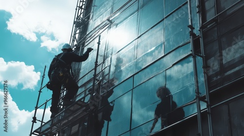 Construction worker on scaffold fixes glass panels of modern building under clear sky. Silhouette reflects on shiny surface.