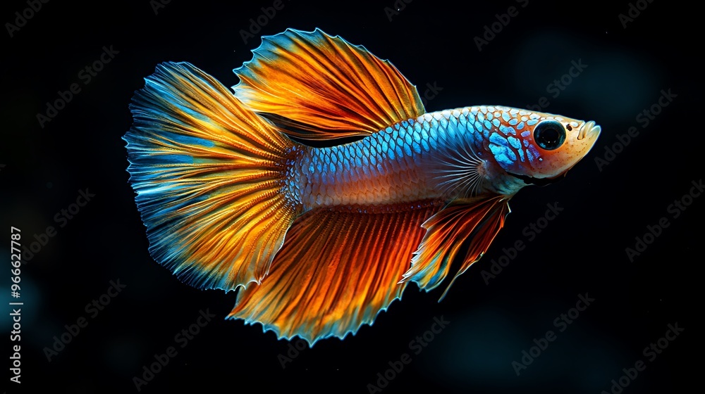 Fototapeta premium A vibrant blue and orange Siamese Fighting Fish with flowing fins against a black background.