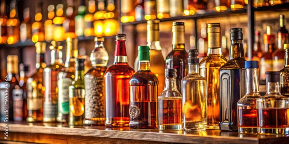 Assorted liquor bottles on a softly lit bar shelf, liquor, bottles, bar, shelf, alcohol, assortment, variety, spirits Assorted liquor bottles on a softly lit bar shelf, liquor, bottles, bar, shelf, alcohol, assortment, variety, spirits