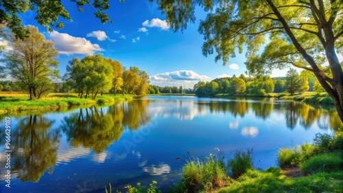 Beautiful landscape of trees and lakes under clear blue skies, scenic, nature, serene, tranquil, peaceful, outdoors