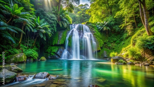 Crystal-clear waterfall in lush rainforest setting , Waterfall, cascading, mossy rocks, crystal clear water, rainforest