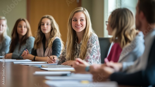 Group of professionals in a business meeting discussing ideas and strategies in a modern conference room setting.