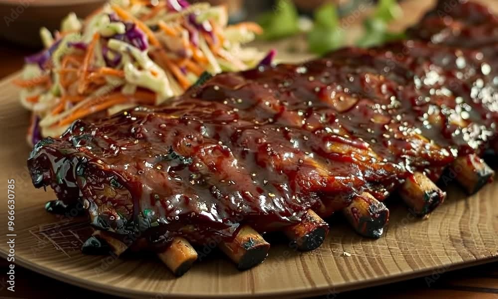 Tangy barbecue ribs with homemade coleslaw, hyperrealistic Video Tangy barbecue ribs with homemade coleslaw, hyperrealistic Video
