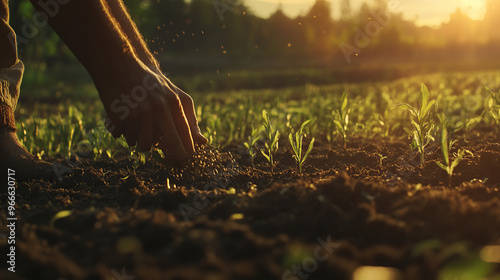 Fototapeta Naklejka Na Ścianę i Meble -  A powerful scene depicting a man planting seeds in a fertile field