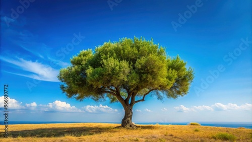 Wild olive tree standing tall under a vibrant blue sky , nature, outdoors, sunny, branches, green, serene, peaceful