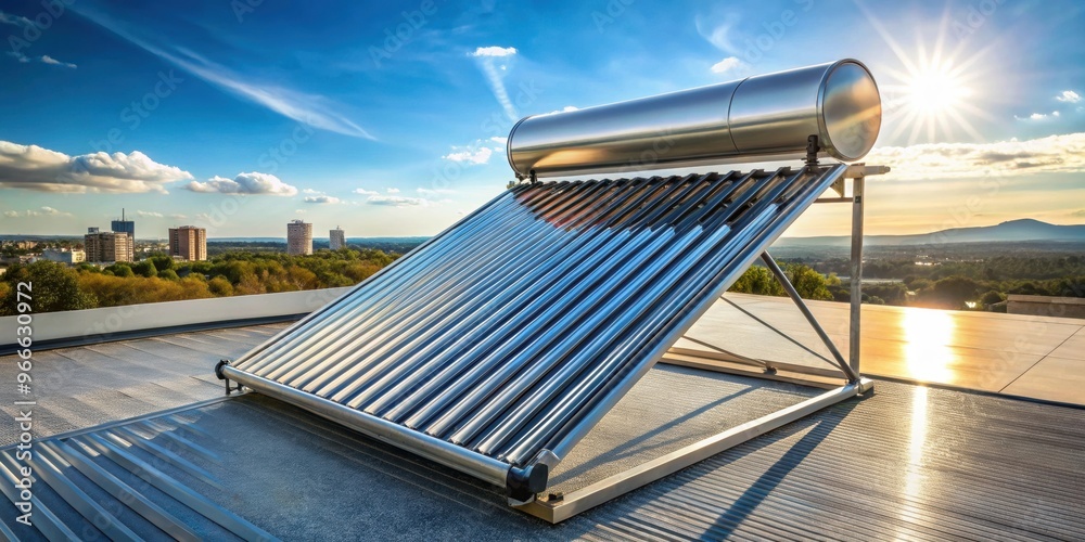 Solar water heater boiler on rooftop on a sunny day, solar, water