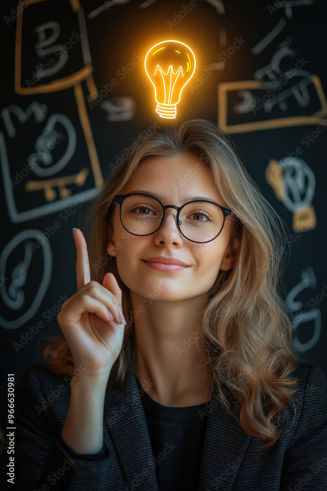 portrait of a happy smart woman with glasses, in the modern office points at the drawing yellow light bulb over her head, with small idea light portrait of a happy smart woman with glasses, in the modern office points at the drawing yellow light bulb over her head, with small idea light