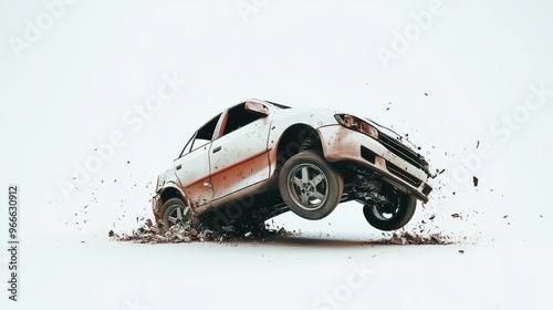 High-speed car jumping off-road with muddy terrain, showcasing action, adventure, and thrilling motorsport.