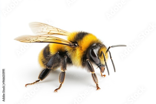 Bee yellow and black on white plain background, isolated , ai