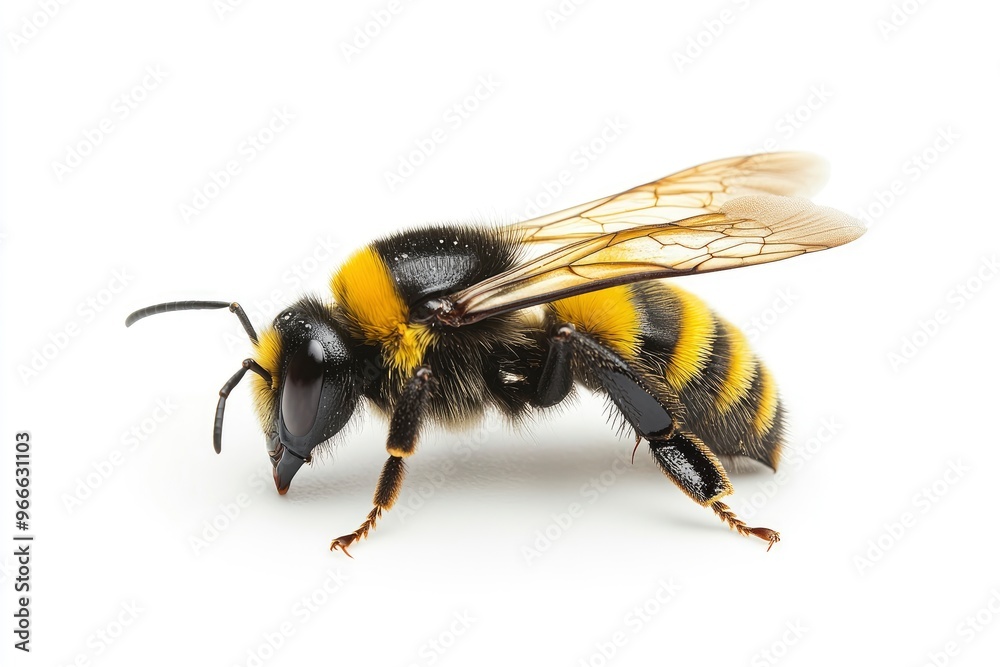 Bee yellow and black on white plain background, isolated , ai Bee yellow and black on white plain background, isolated , ai