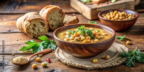 Traditional Umbrian chickpea soup served in a rustic bowl with crusty bread and fresh herbs on a wooden table photo