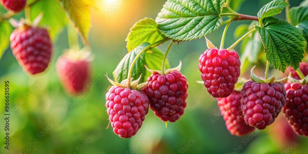 Close-up of a ripe raspberry twig with vibrant red berries, raspberry, ripe, twig, Rubus idaeus, fruit, red, close-up, fresh Close-up of a ripe raspberry twig with vibrant red berries, raspberry, ripe, twig, Rubus idaeus, fruit, red, close-up, fresh