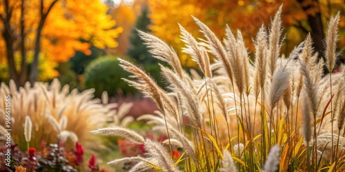 Close-up of ornamental grasses and cereals in a beautiful autumn garden , Molinia caerulea, Deschampsia cespitosa, pickerel photo