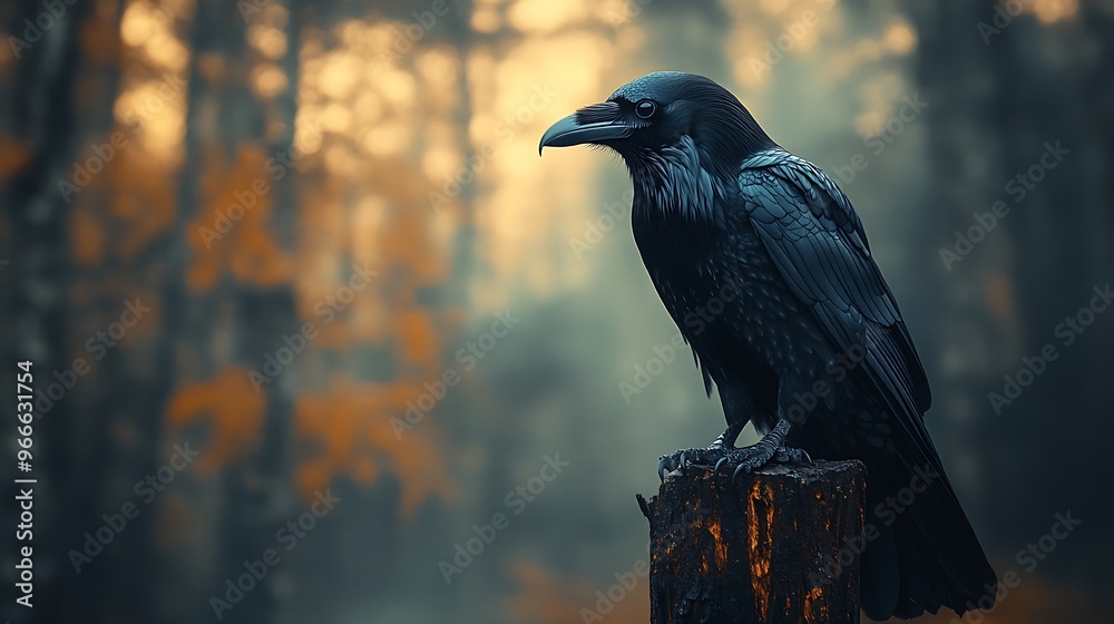 Fototapeta premium A black raven perched on a tree stump in a misty forest, looking to the side.