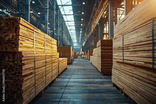 Stacked Wooden Planks in a Warehouse Setting