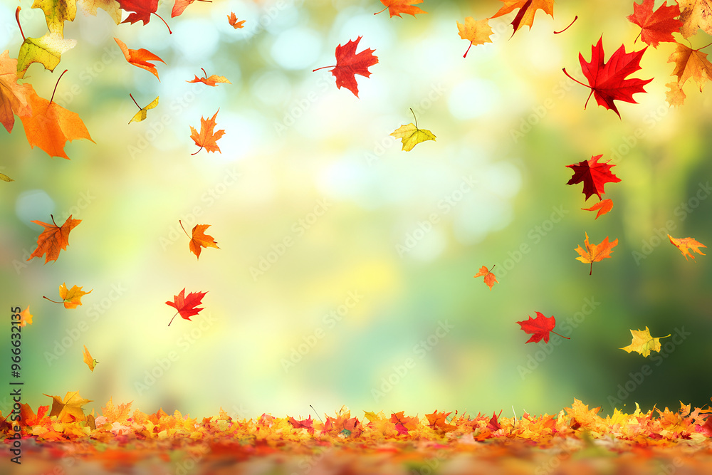 A serene autumn scene with falling leaves and a blurred background. A serene autumn scene with falling leaves and a blurred background.