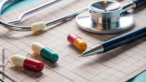 Close-up of prescription drugs prior authorization request form, pills, stethoscope