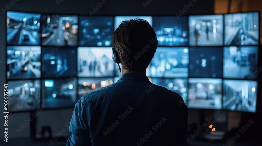 Security professional monitoring multiple screens in dark control room with surveillance footage, demonstrating modern security technology in action. Security professional monitoring multiple screens in dark control room with surveillance footage, demonstrating modern security technology in action.