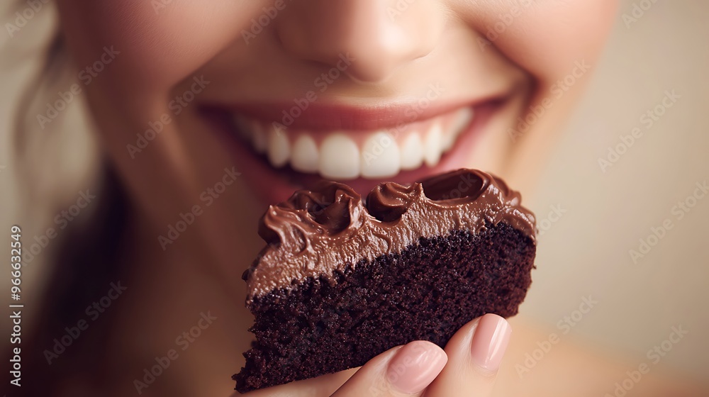 Indulging in Joy: Close-Up of Woman's Delightful Smile Enjoying Chocolate Cake in Cafe Setting, High-Resolution Studio Shot in Kodak Style Indulging in Joy: Close-Up of Woman's Delightful Smile Enjoying Chocolate Cake in Cafe Setting, High-Resolution Studio Shot in Kodak Style