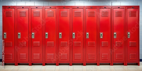 Bright red school lockers in a row , education, school, lockers, classroom, red, bright, metallic, organized