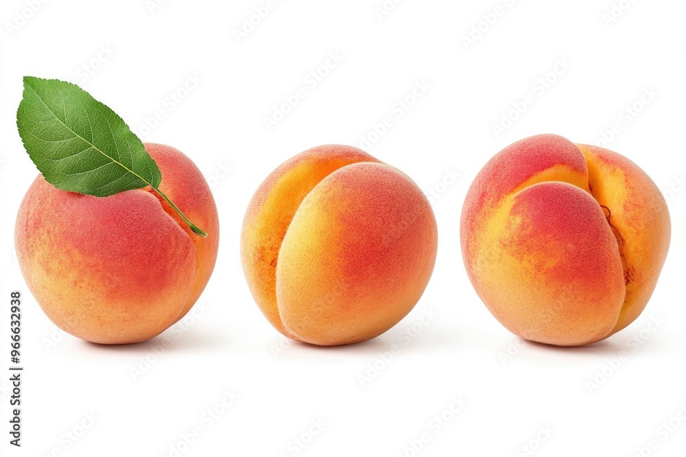 Peach collection. Peach fruits with green leaf isolated on white background. Peach with clipping path, ai Peach collection. Peach fruits with green leaf isolated on white background. Peach with clipping path, ai