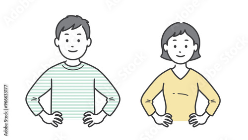 腰に手を当てて自信を見せる成人男女の上半身イラスト