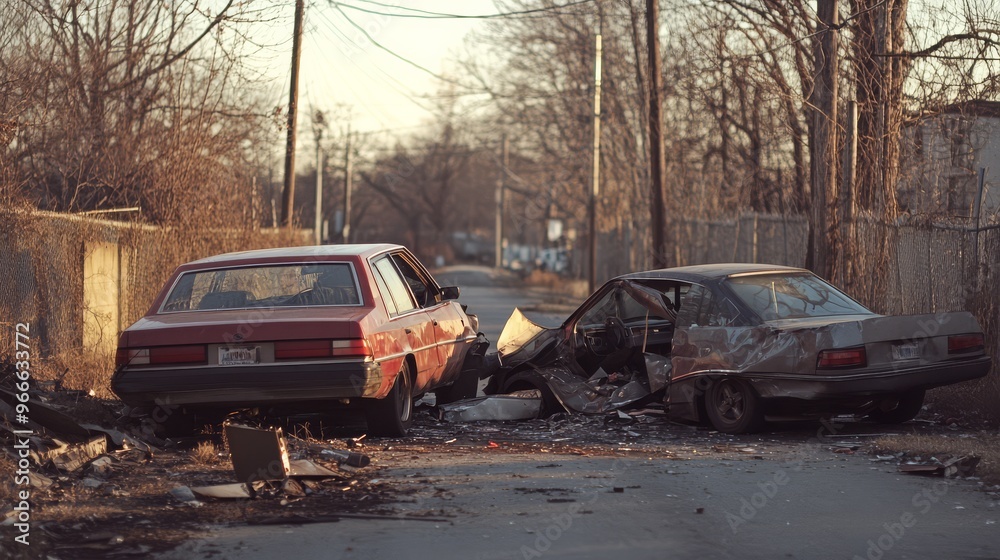 Two abandoned, wrecked cars on a narrow urban street filled with debris, surrounded by leafless trees and power lines. Two abandoned, wrecked cars on a narrow urban street filled with debris, surrounded by leafless trees and power lines.