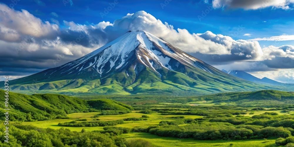 Fototapeta premium View of the Vilyuchinsky volcano overlooking lush green landscape in Kamchatka, Russia, Vilyuchinsky, volcano, Kamchatka, Russia