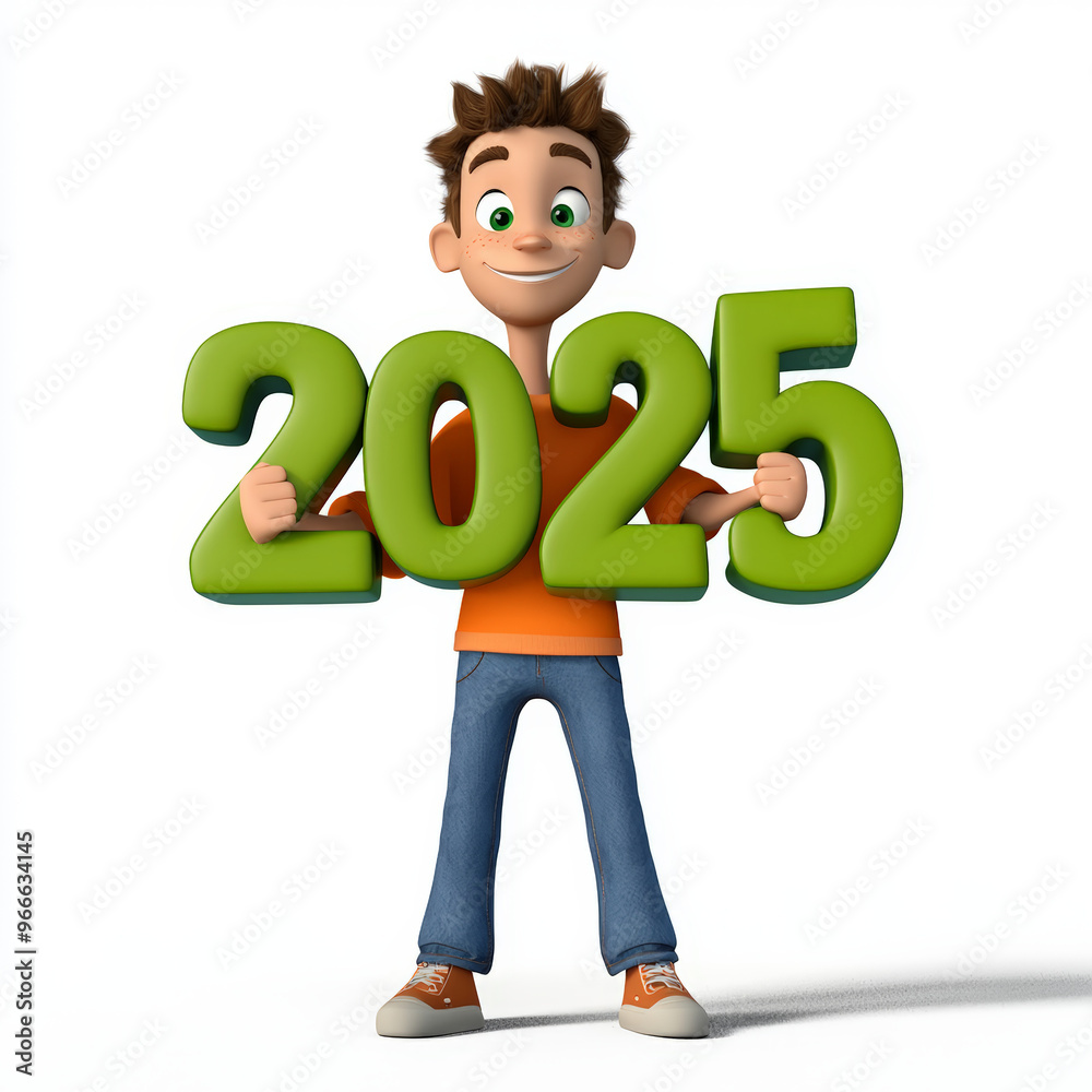 A cheerful young man holds up year 2025 in large green numbers, symbolizing optimism and future aspirations. His playful expression adds sense of excitement to illustration A cheerful young man holds up year 2025 in large green numbers, symbolizing optimism and future aspirations. His playful expression adds sense of excitement to illustration