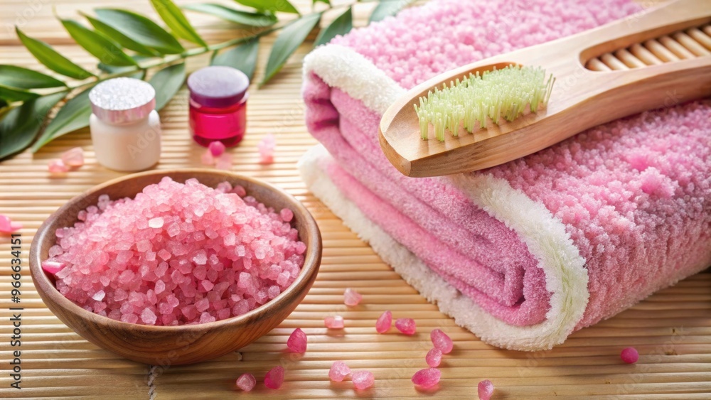 Relaxing pedicure spa treatment with pink crystal bath salts, foot soak, and pumice brush , Barefoot, beauty Relaxing pedicure spa treatment with pink crystal bath salts, foot soak, and pumice brush , Barefoot, beauty