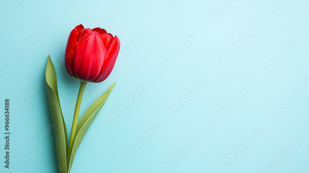 A red tulip on a light blue background
