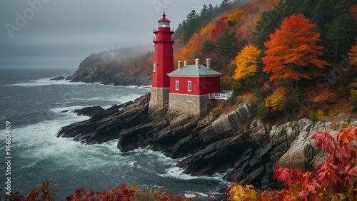 Lighthouse on the coast, autumn landscape with red lighthouse on the rocks and waves crashing on the shore 