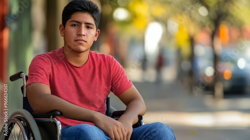 Young man in a red shirt sitting in a wheelchair on a sunny urban street. Confident expression, outdoors, casual clothing. photo