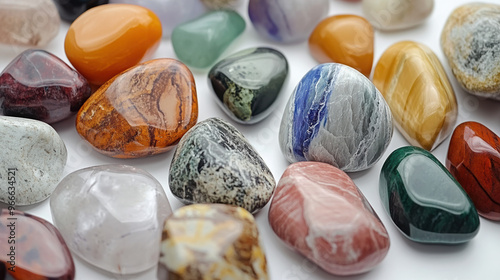 natural stones white background glossy finish smooth textures minimalist design elegant composition earthy tones contemporary aesthetics visual clarity 