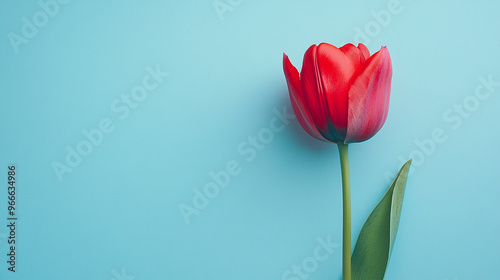 A red tulip on a light blue background