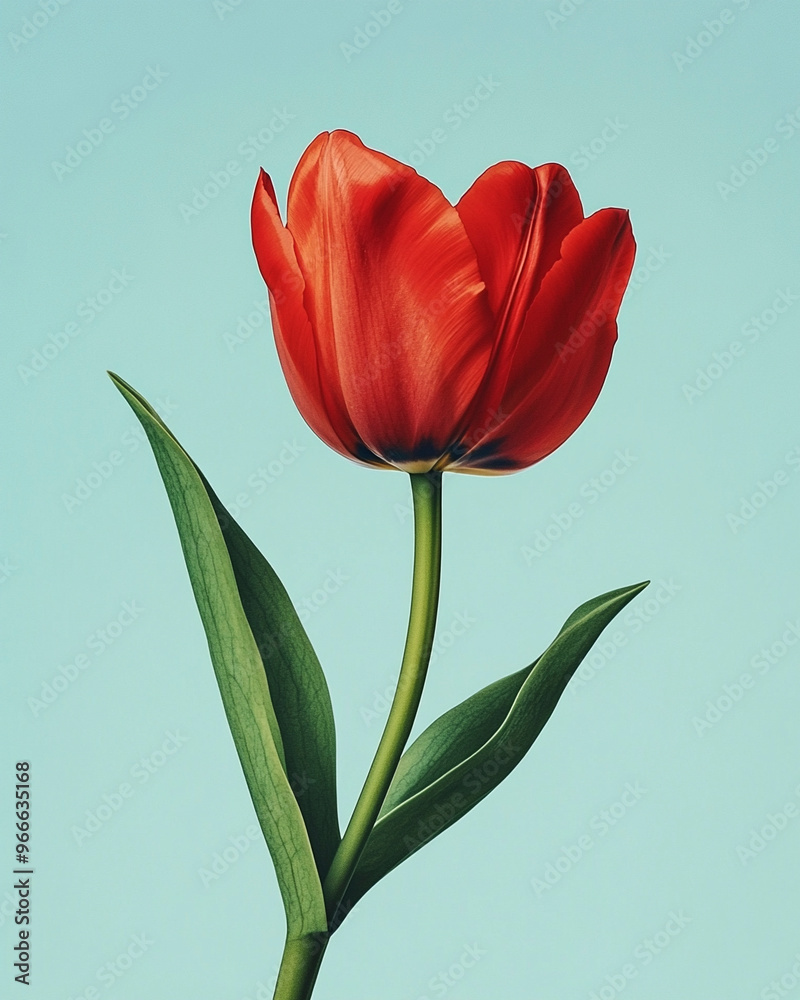 A red tulip on a light blue background A red tulip on a light blue background