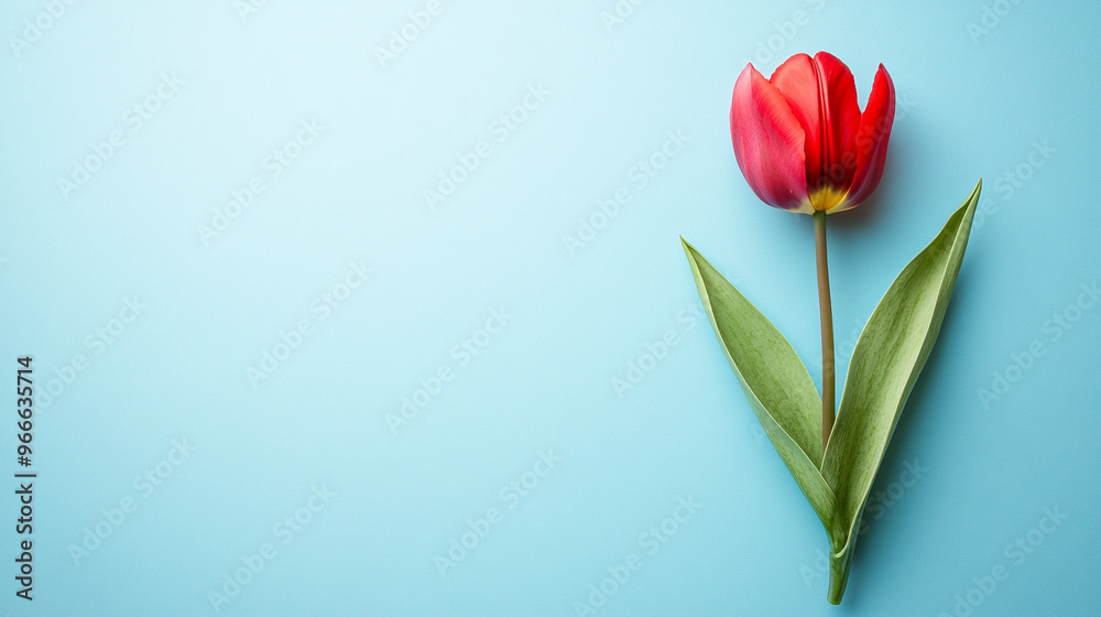 A red tulip on a light blue background