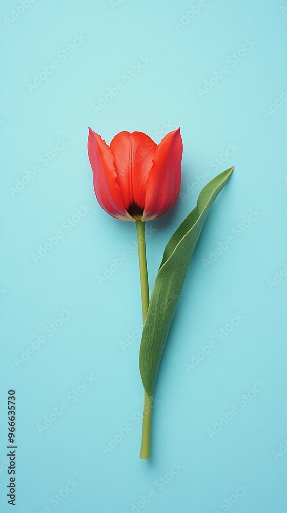 A red tulip on a light blue background A red tulip on a light blue background