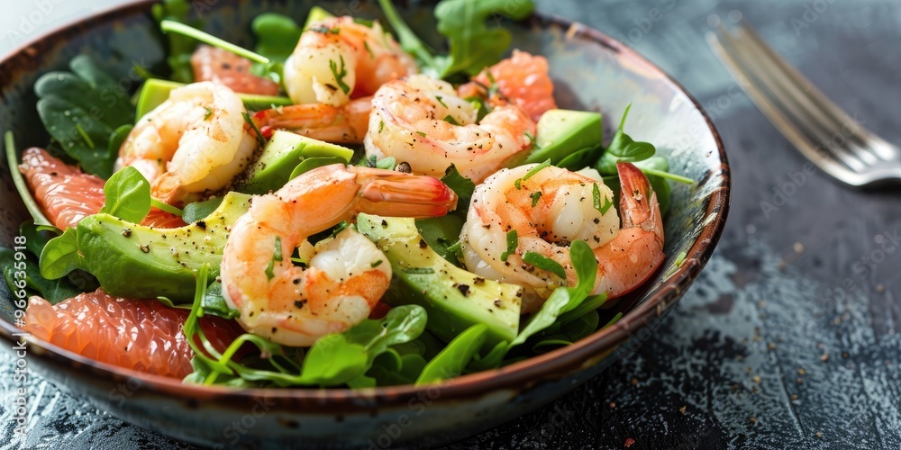 Tasty Shrimp Salad with Avocado and Grapefruit on Fresh Greens Tasty Shrimp Salad with Avocado and Grapefruit on Fresh Greens