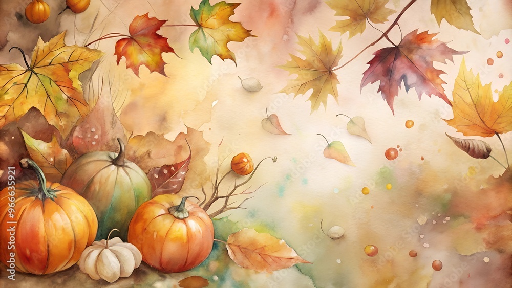 Watercolor Painting of a Pumpkin with Fallen Leaves Watercolor Painting of a Pumpkin with Fallen Leaves