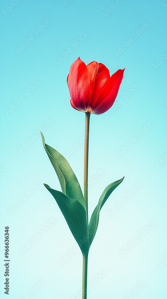 A red tulip on a light blue background A red tulip on a light blue background