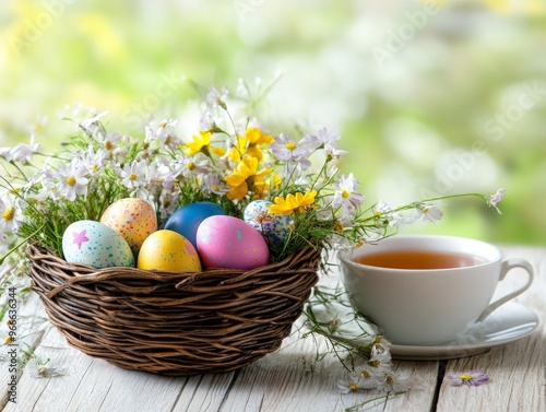 Easter eggs in a nest with spring flowers and tea.